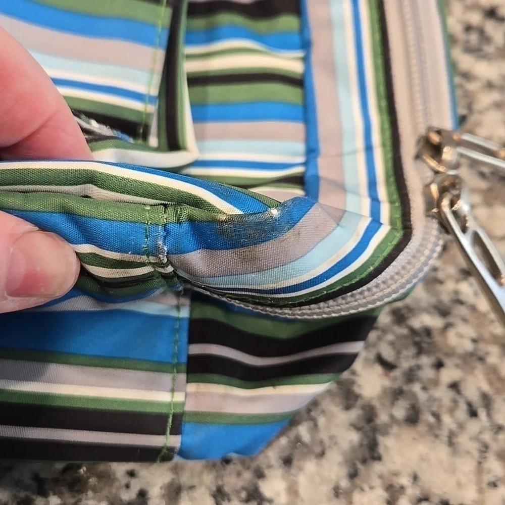 JU JU BE BETTER BEE STRIPED MESSANGER DIAPER BAG WITH CHANGING PAD.